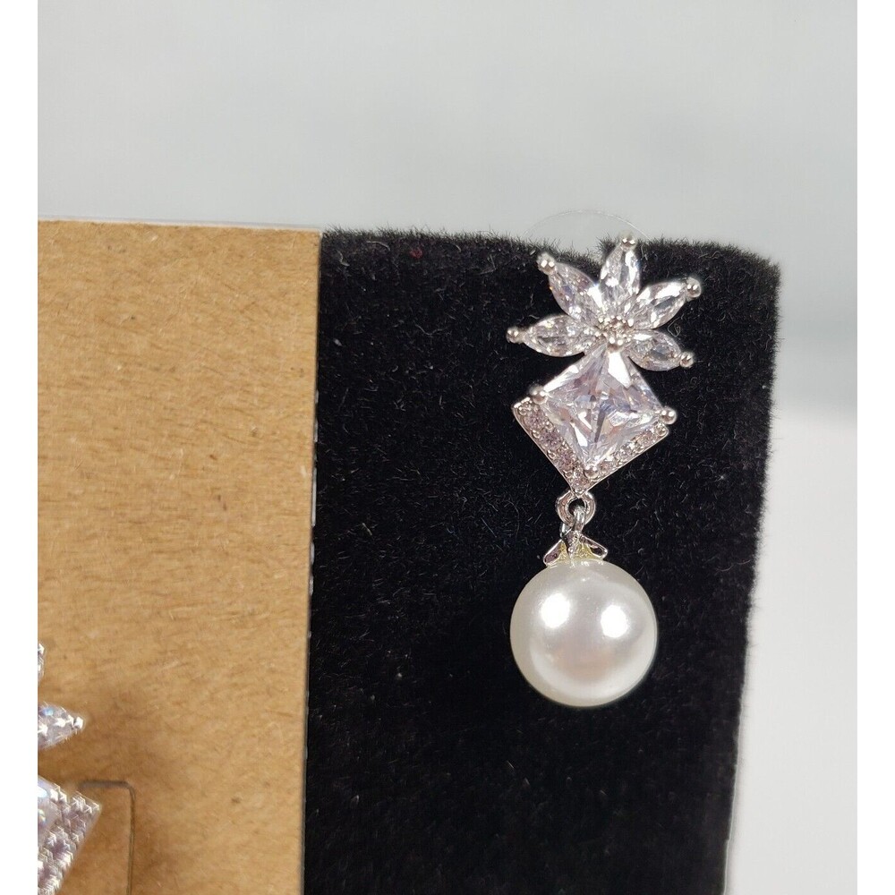 Eliza & Jane 925 Sterling Silver Cubic Zirconia Spinel Dangle Pearl  Earrings - Picture 8 of 9